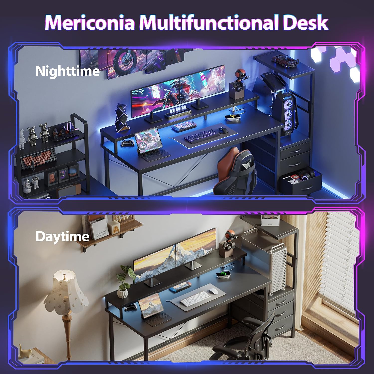Mericonia Gaming Desk with Power Outlets & LED Lights, Reversible Computer Desk with PC Case Stand, Fabric Drawers, Modern Office Desk with Shelves, Monitor Stand