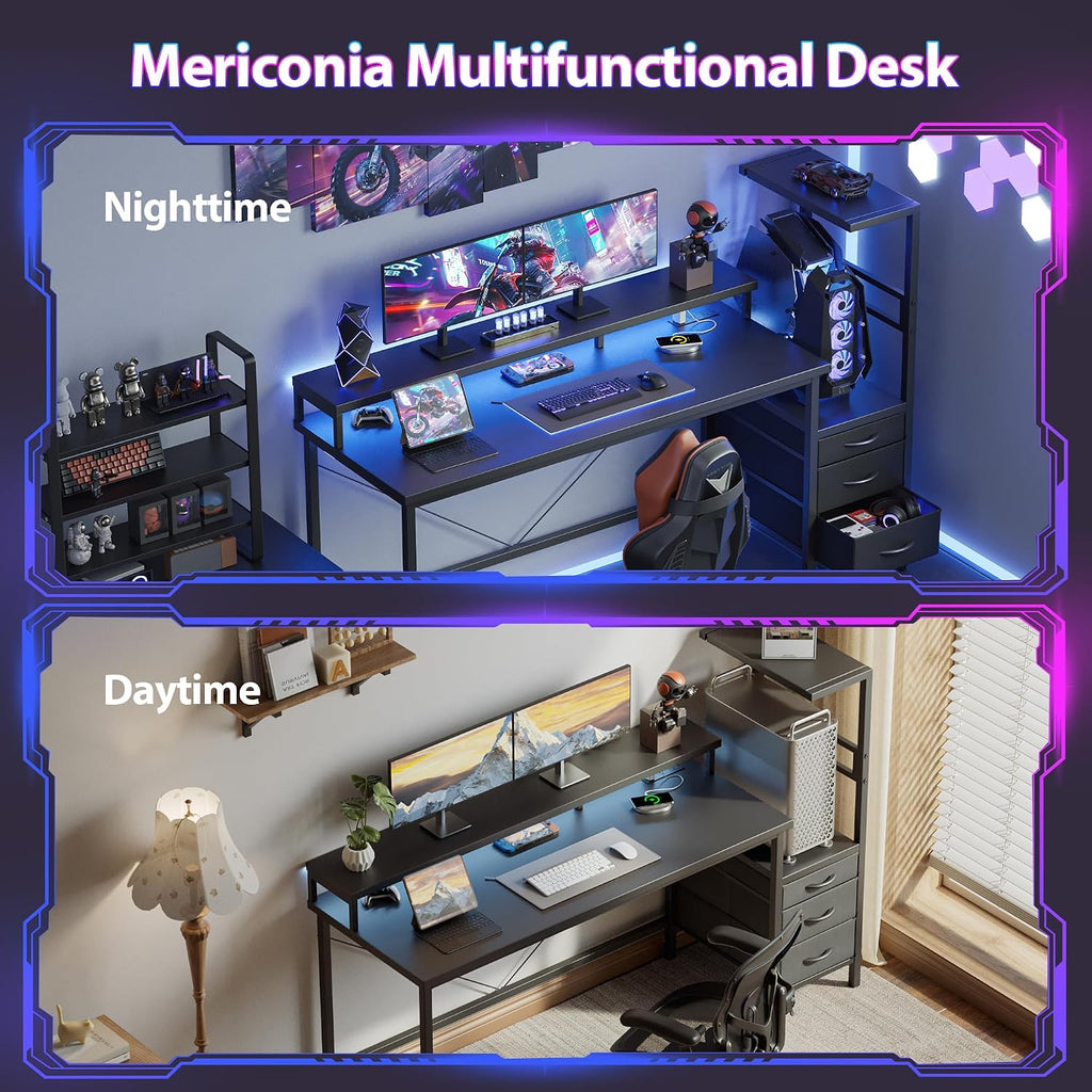 Mericonia Gaming Desk with Power Outlets & LED Lights, Reversible Computer Desk with PC Case Stand, Fabric Drawers, Modern Office Desk with Shelves, Monitor Stand