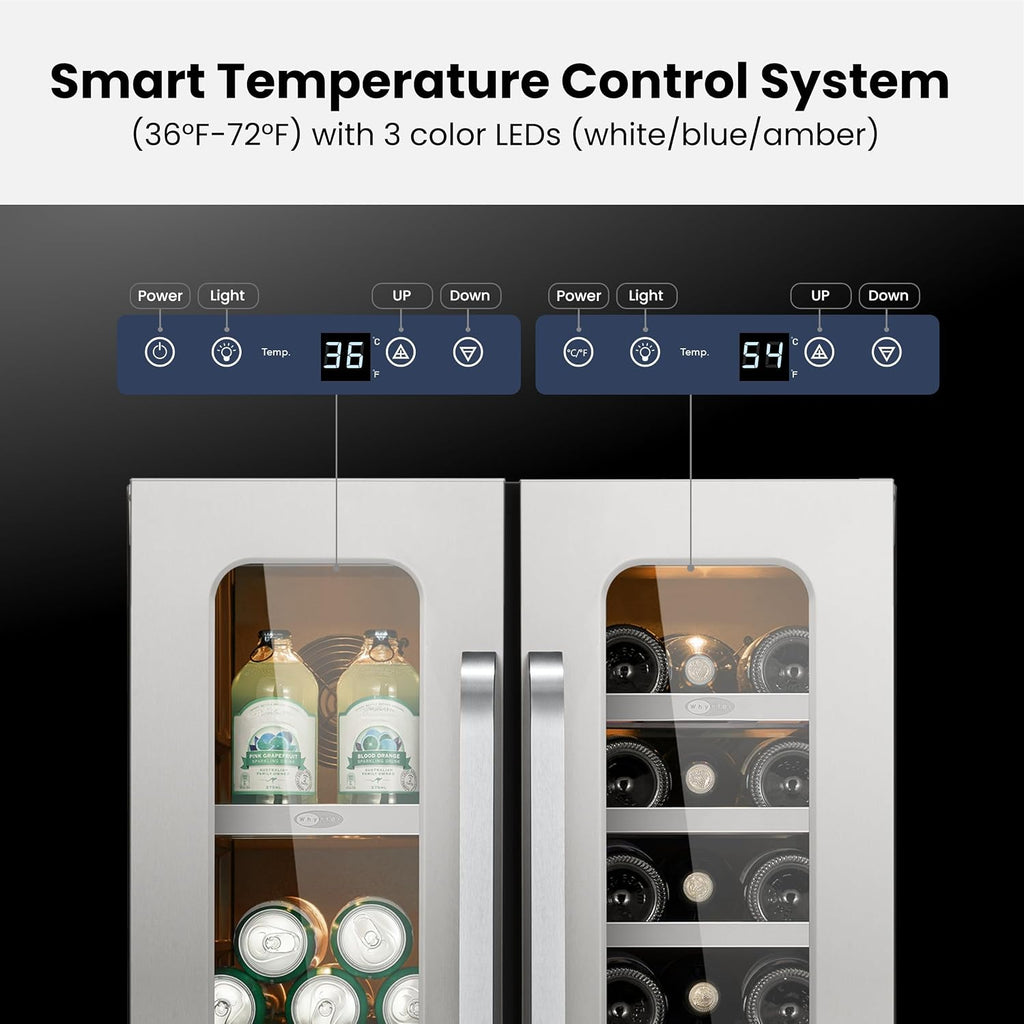 Whynter 24 Inch Dual Zone Wine and Beverage Refrigerator 20 Bottles 60 Cans Wine Fridge with Glass Door Wine Cooler Built-in Under Counter French Door 3 LED for Home Bar Luxury Series(4.1 cu.ft)