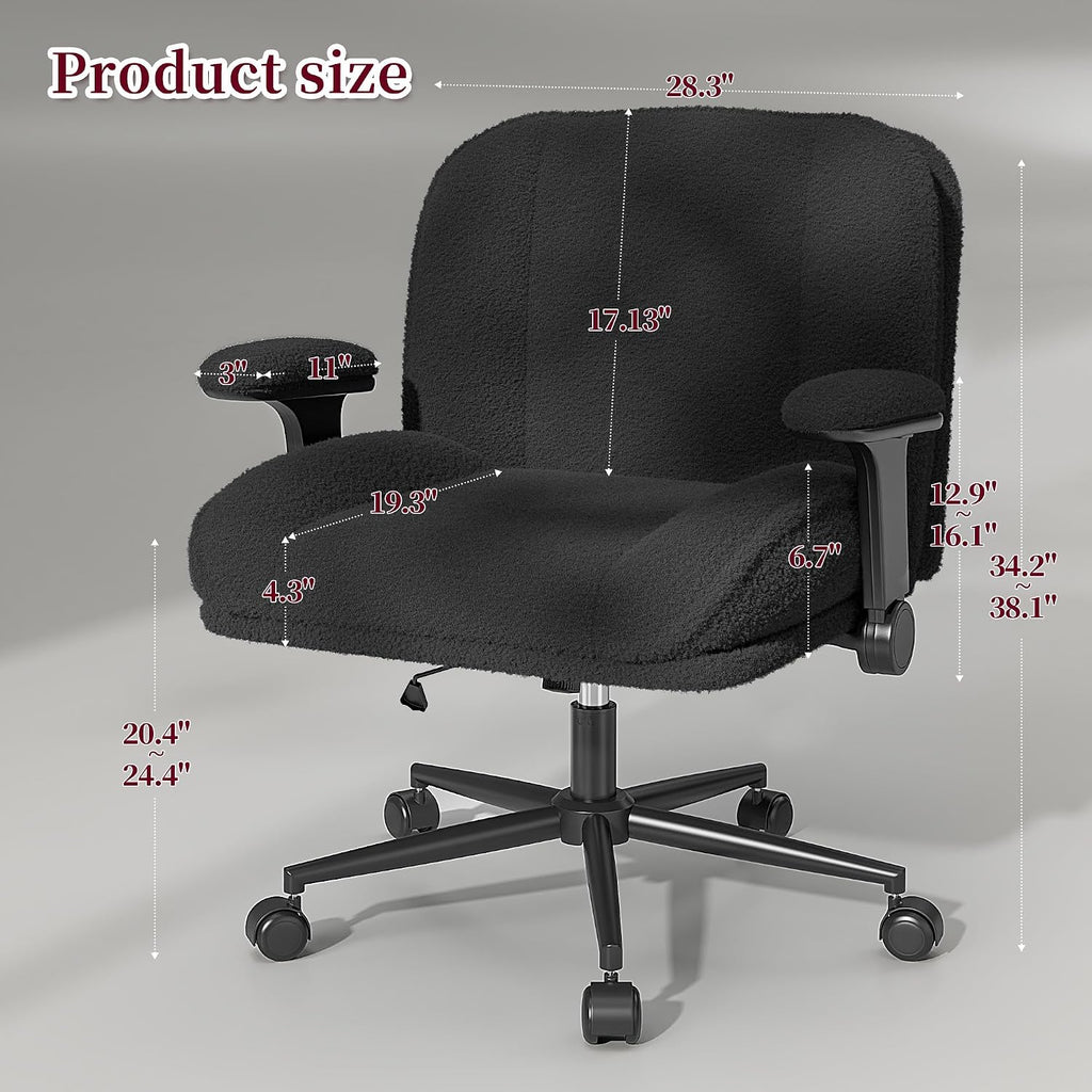 DurayLoly Criss Cross Chair with Wheels,Flip Up Arms,Wide Seat,Teddy Fleece,Adjustable Height,Cross Legged Desk Chair for Bedroom,Dorm,Home Office,Black
