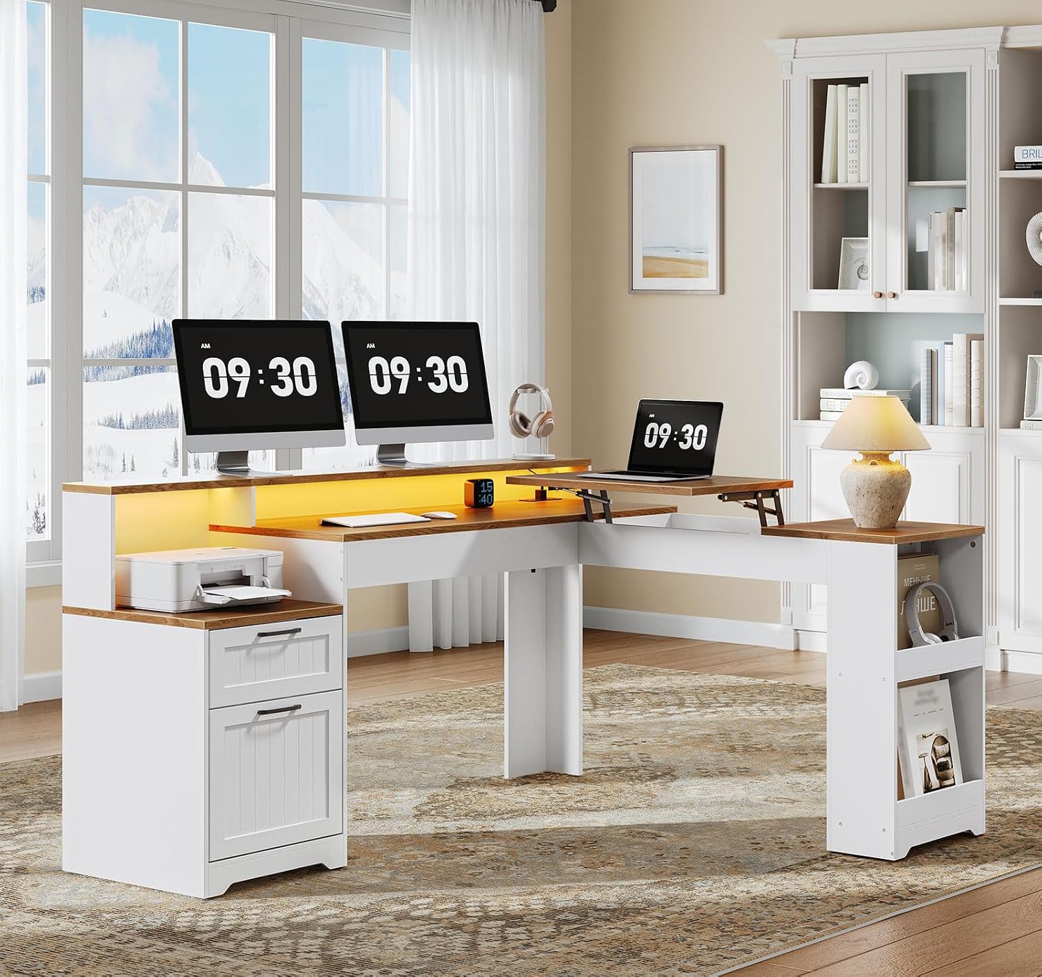 Farmhouse 63' L Shaped Standing Desk, Corner Computer Desk with Drawers, Office Desk with File Drawers with RGB Lighting & Charging Station, Monitor Stand and Storage Shelves, White and Walnut