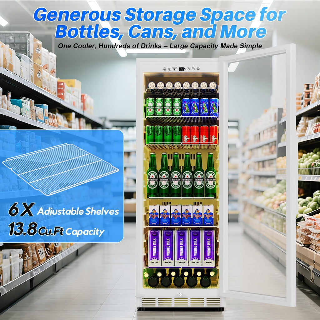 Velivi Commercial Display Beverage Fridge: 13.8 Cu Ft Upright Cooler with Glass Door, LED Lighting, Low Noise, and Rapid Cooling for Restaurants, Shops, and Offices (White)