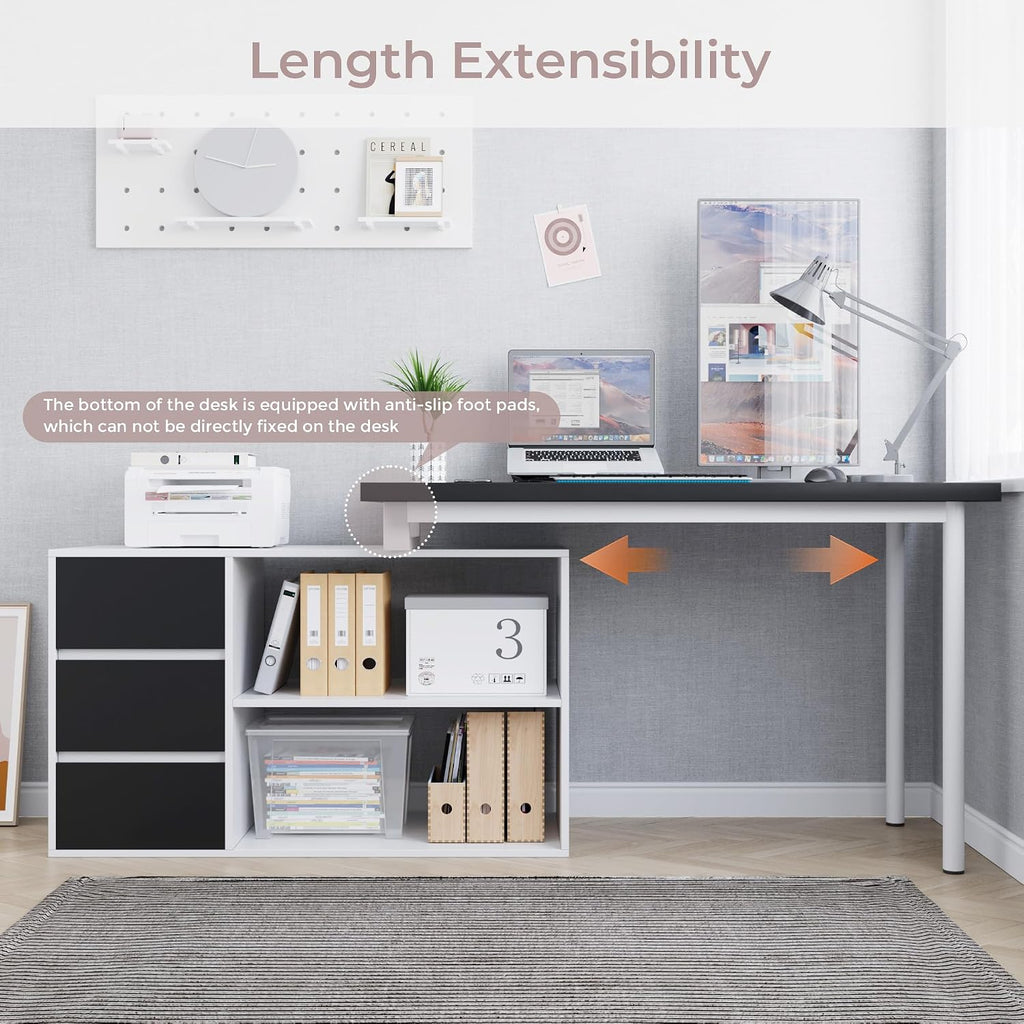 Home Office Computer Desk Corner Desk with 3 Black Drawers and 2 Shelves, 53-inch L-Shaped Study Desk with Storage, White + Black