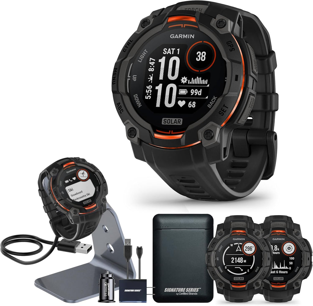 Garmin Instinct 3 Advanced GPS Adventure Watch, Black with Charcoal Band | 50mm Solar Charged Display | Wrist Based Heart Rate Monitor with Signature Stand Power Bundle