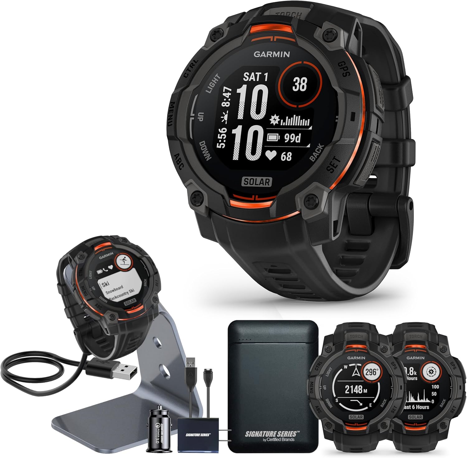 Garmin Instinct 3 Advanced GPS Adventure Watch, Black with Charcoal Band | 50mm Solar Charged Display | Wrist Based Heart Rate Monitor with Signature Stand Power Bundle