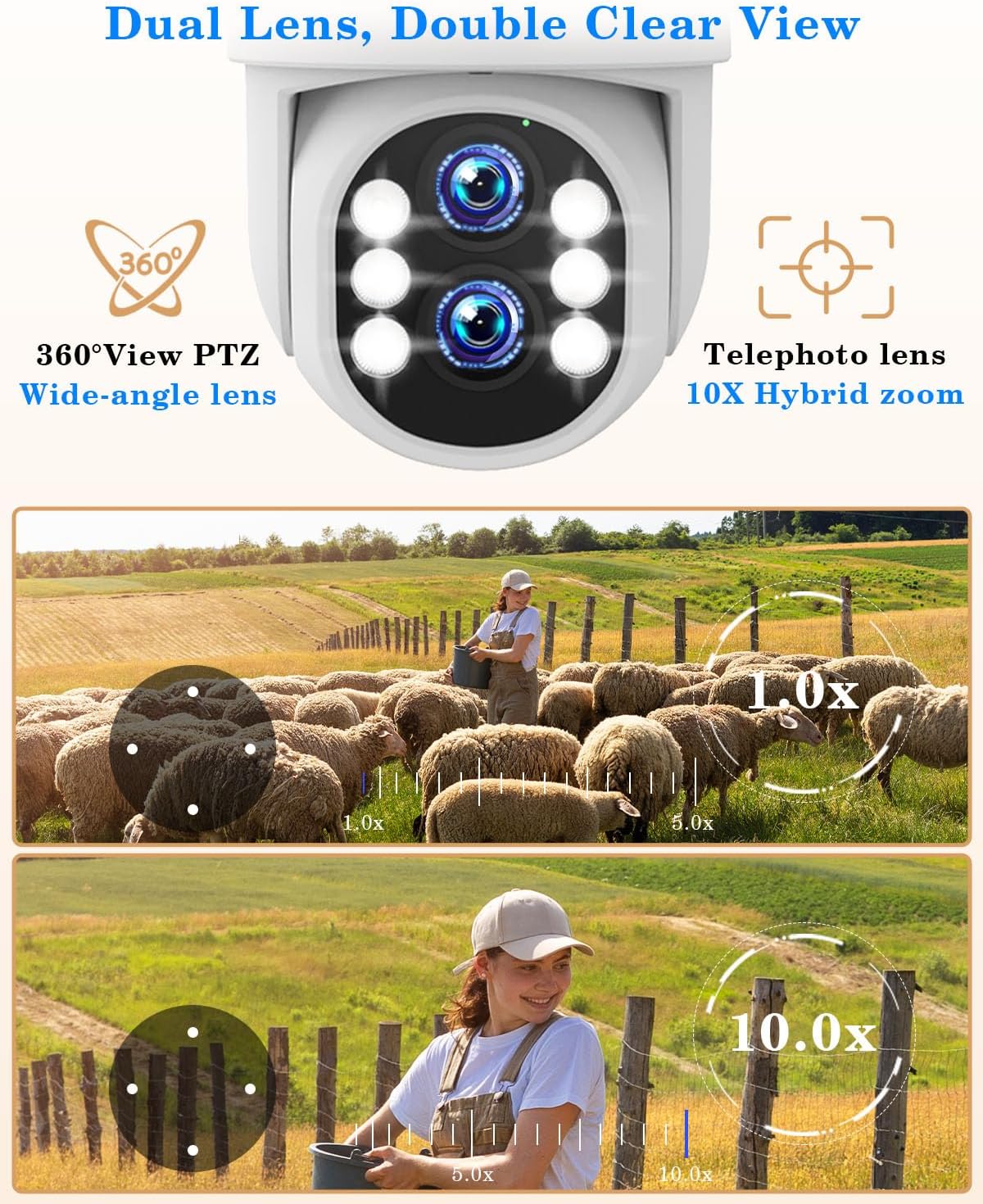 Security Camera System Outdoor Wireless for Home, ZHXINSD Dual Lens 6MP 10X Hybrid Zoom 360° Auto-Track 4 Cameras Set with 12.5' Monitor, 2.4/5G 10CH 4K NVR 24/7 Record Two-Way Audio Indoor 1TB HDD