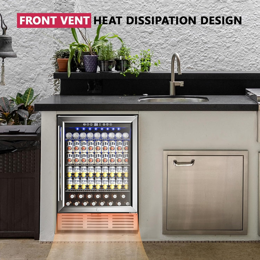 Icyglee 24 Inch Beverage Refrigerator, Beverage Cooler 180 Can Built-in Design, Under Counter Beer Fridge with Glass Door for Soda, Wine, Water - For Kitchen, Office or Bar
