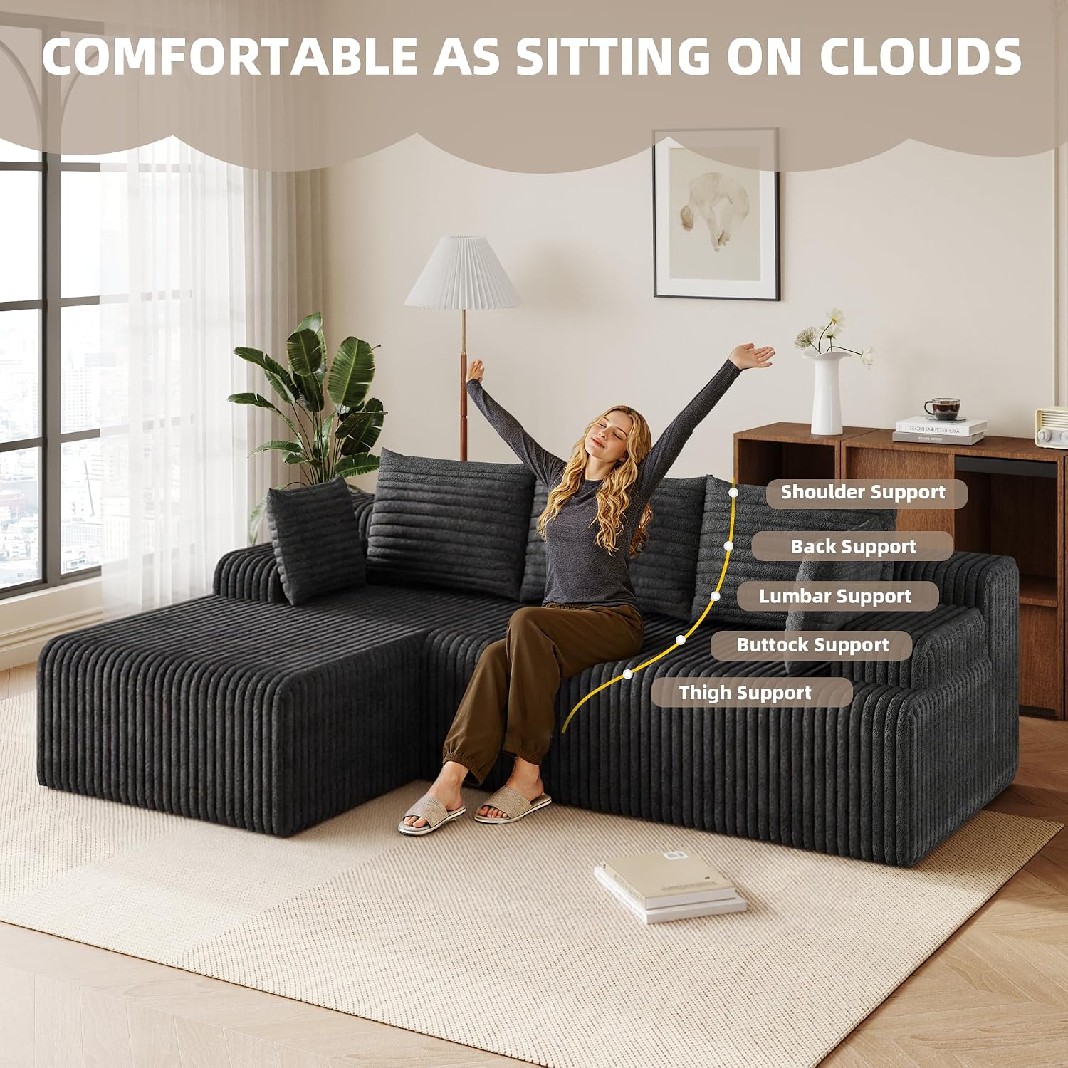 2026 New Boneless Couch, No Assembly Cloud Couch Sectional with Deep Seat & Chaise for Small Spaces, Upholstered Boneless Sectional Couch for Living Room, L Shaped Couch with Left Facing Chaise, Grey