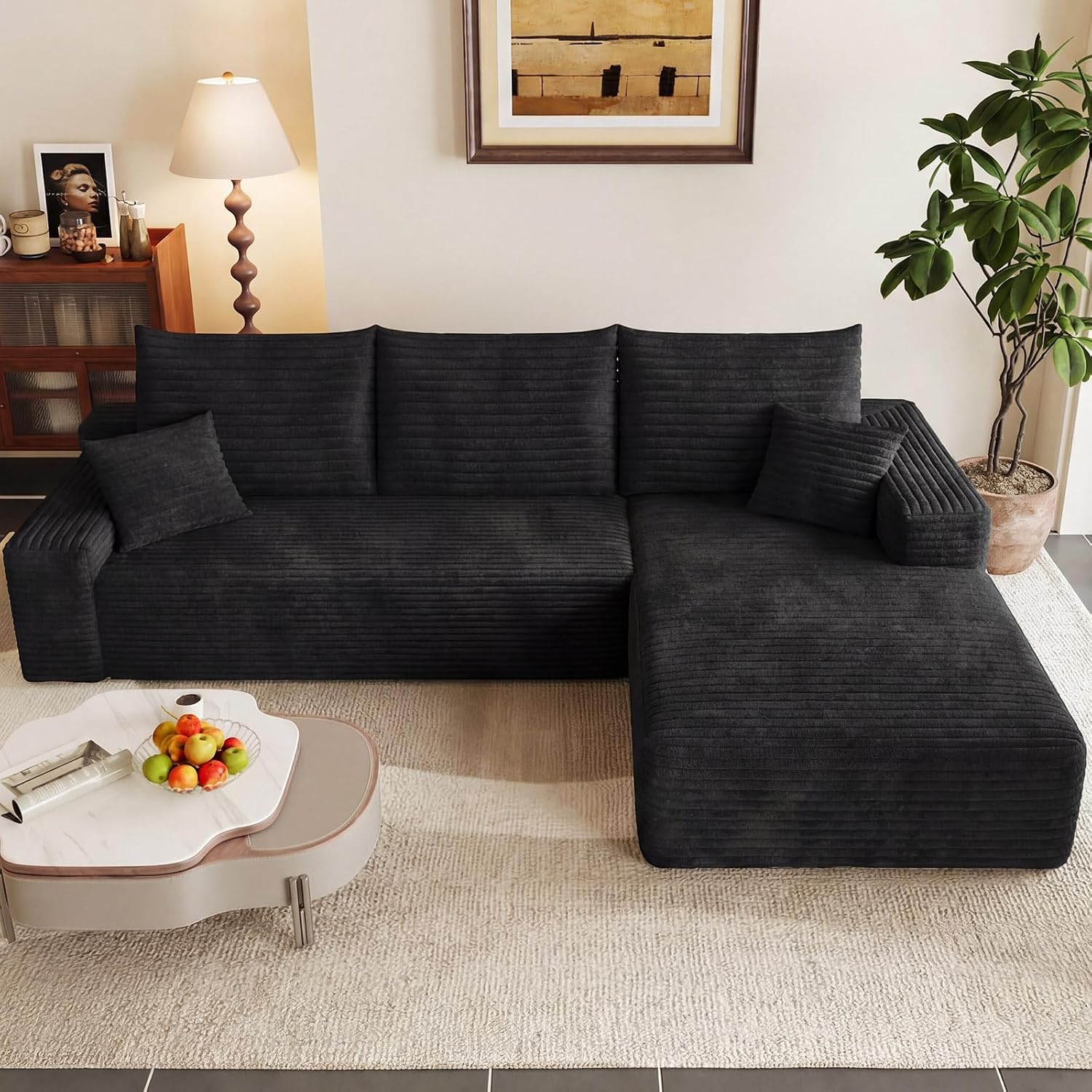 95' Modular Sectional Couch, Boneless L Shaped Cloud Sofa with Chaise Lounge, Corduroy Upholstered Couches Memory Foam Deep Seat, No Assembly Required, Ideal for Living Room(Black, Right Facing)