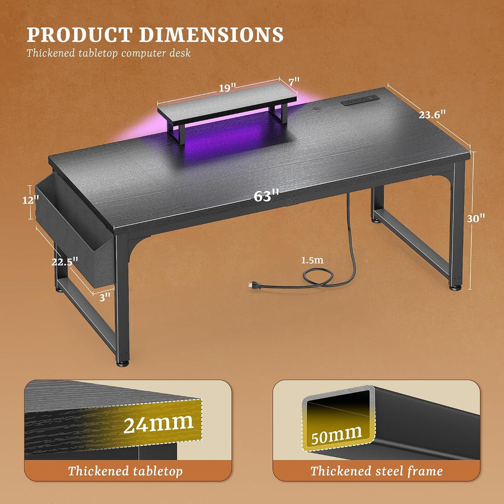 DurayLoly 63 Inch Gaming Desk with 0.95 Inch Thicker Desktop, Computer Desk with Power Outlets & Monitor Stand & LED Light & Storage Bag, Office Writing Desk for Home Office, Study, Bedroom, Black