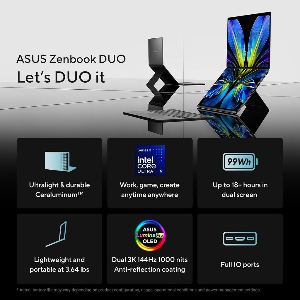 ASUS Zenbook Duo Laptop (2026), Dual 14' OLED 3K 144Hz Touch Display, Intel Core Ultra 9 Processor 386H, Intel Graphics, 32GB RAM, 1TB SSD, Sleeve and Stylus Included, WiFi 7, Windows 11, Moher Gray