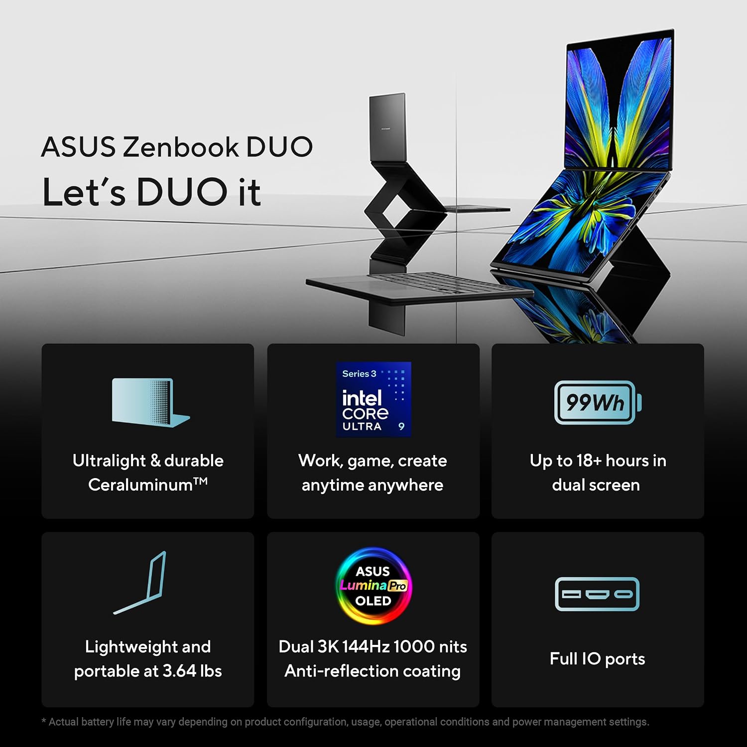ASUS Zenbook Duo Laptop (2026), Dual 14' OLED 3K 144Hz Touch Display, Intel Core Ultra 9 Processor 386H, Intel Graphics, 32GB RAM, 1TB SSD, Sleeve and Stylus Included, WiFi 7, Windows 11, Moher Gray