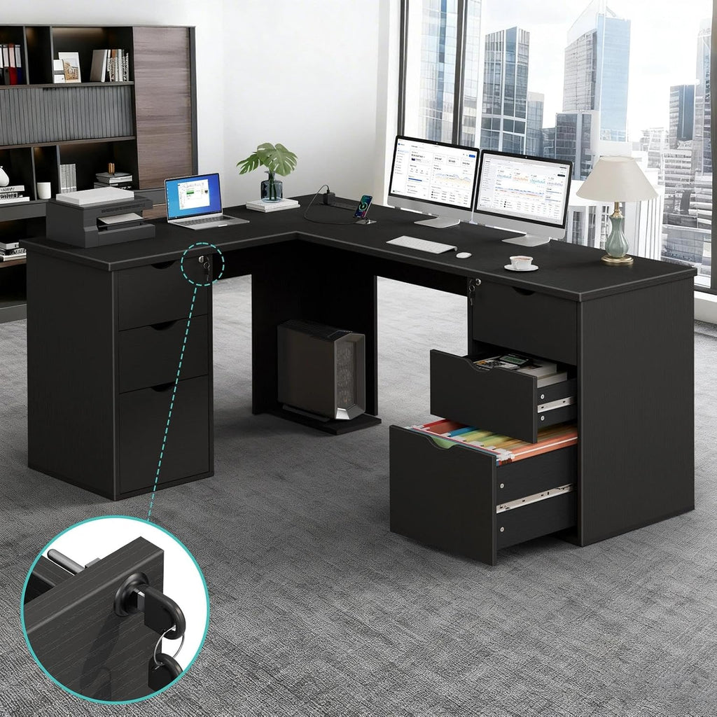 WINAZ Black L Shaped Office Desk with Lockable Drawers, 66 Inch Wood Executive L-Shaped Computer Desk with File Cabinet Storage & Power Outlet, Modern Large Corner Desks with Filing Cabinets