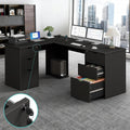WINAZ Black L Shaped Office Desk with Lockable Drawers, 66 Inch Wood Executive L-Shaped Computer Desk with File Cabinet Storage & Power Outlet, Modern Large Corner Desks with Filing Cabinets