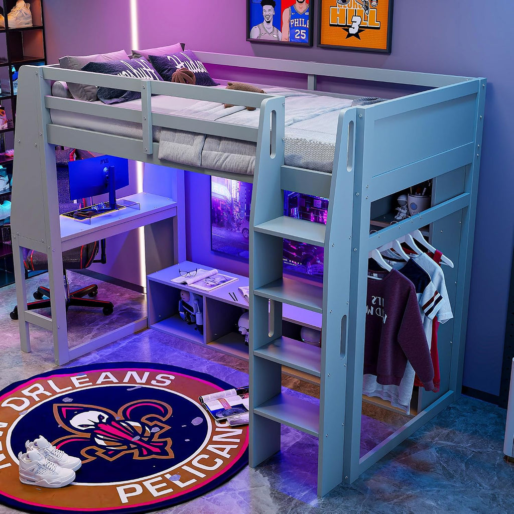 Solid Wood Gaming Loft Bed Twin Size with Desk & Shelves & Hanging Rack & LED,Esports Design for PC & Console Gamers,Space Saving Loft Bed Frame with Guardrails & Ladder,No Box Spring Needed,Gray