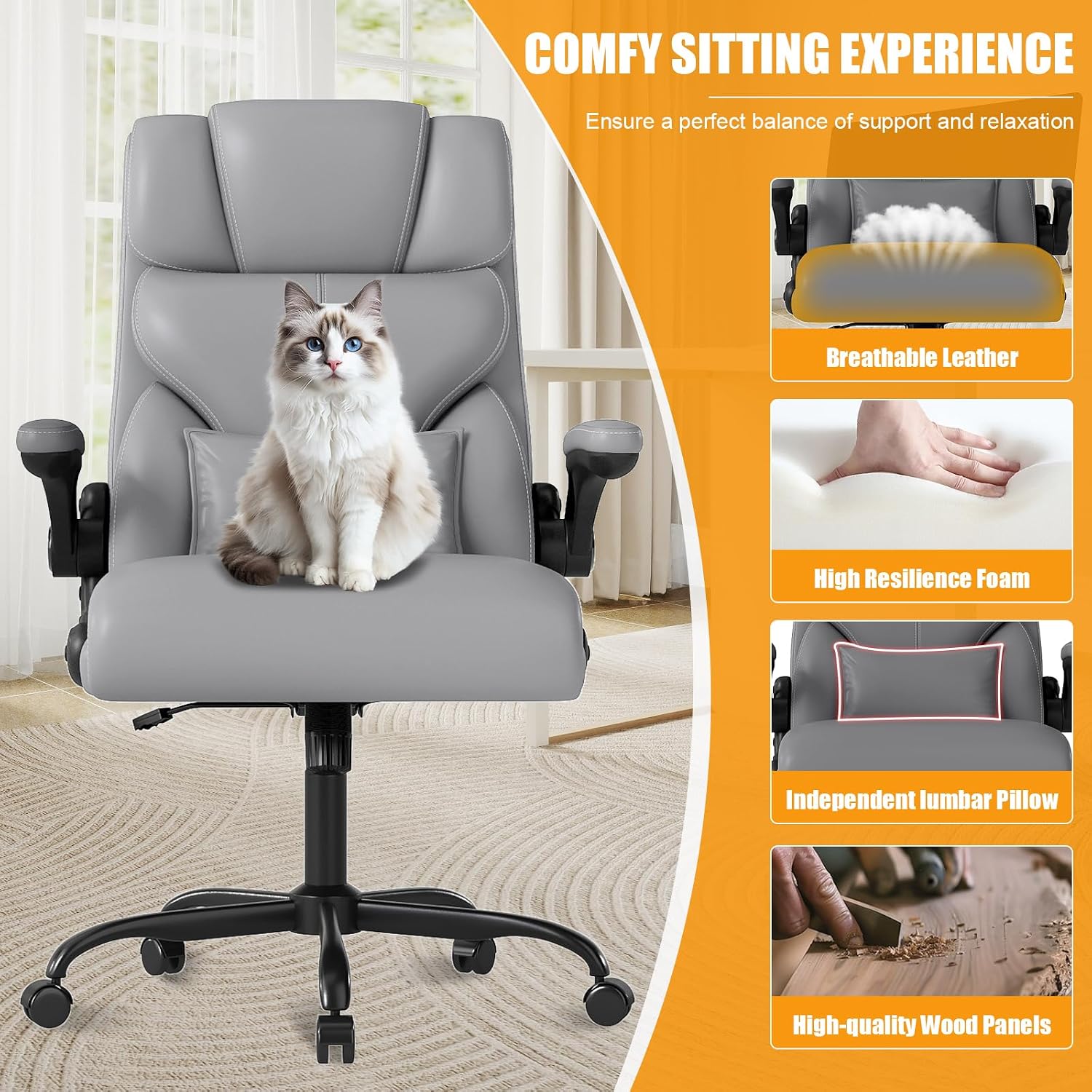 Executive Office Chair with Flip-up Armrests,Ergonomic Computer Desk Chairs,Mid-Tall Back Leather Office Chair 400 Lbs,Lumbar Support Swivel PC Chair with Rocking Function