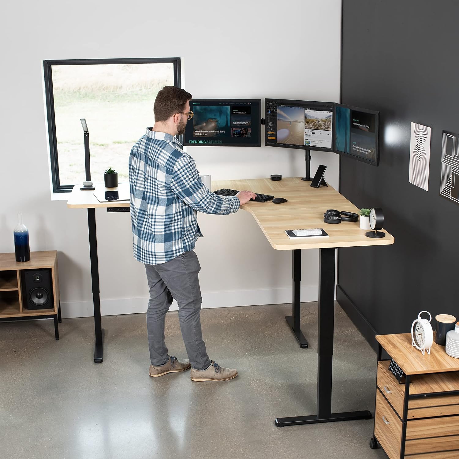 VIVO Universal 71 x 71 inch Curved Corner Table Top for L-Shape Sit to Stand Height Adjustable Home and Office 3-Leg Desk Frames, Light Wood Desktop, DESK-TOP2CC