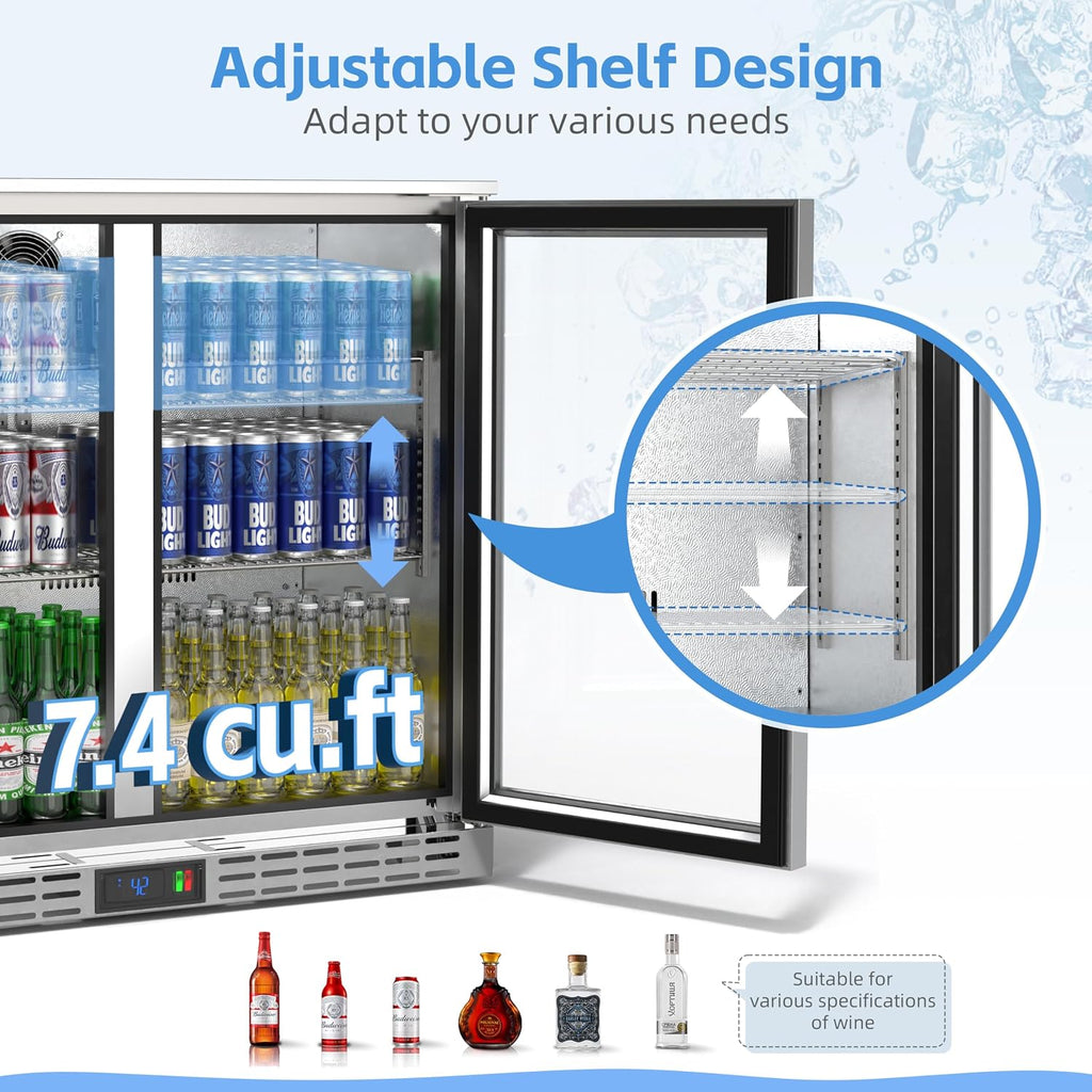 36 inch 7.4 cu.ft Back Bar Cooler Commercial Under Counter Beverage Refrigerator with 2 Glass Doors & LED Lighting, Stainless Steel Bottle Cooler for Home Bar Restaurant, Sliver, 115V, ETL Approved