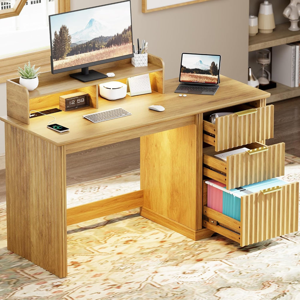 Lareth Computer Desk with Monitor Stand, 47 inch Home Office Desk with RGB LED Lights and Power Outlets, Writing Desk with Storage File Drawer for Working Gaming Writing, Wood