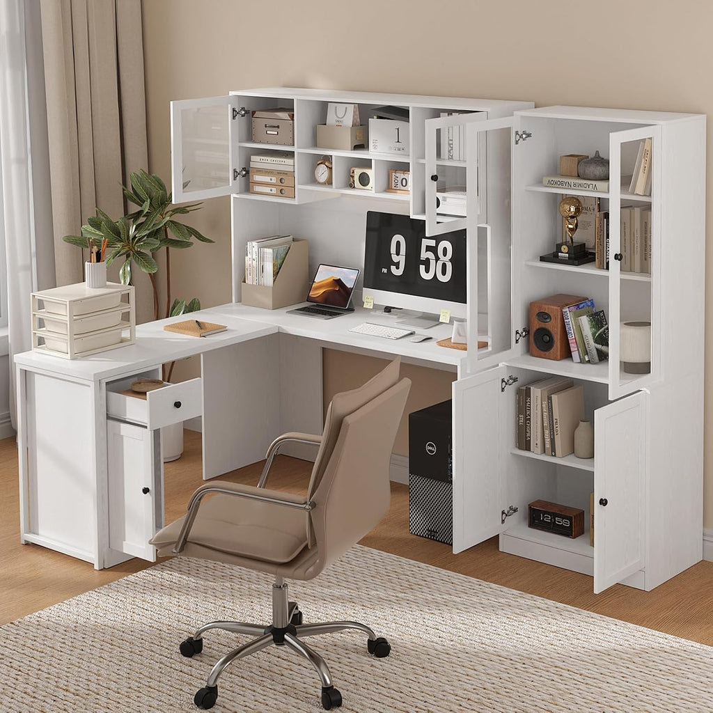 TUSY Reversible L Shaped Desk with Hutch & Storage Cabinet, 71' Corner Desk with LED, White Computer Desk with Drawers, DIY Home Office Desk for Small Space, Craft Desk with Storage