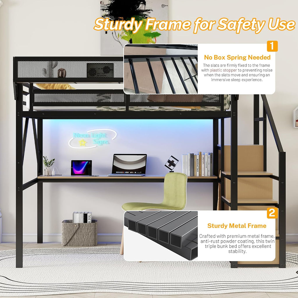 Mirightone Queen Size Loft Bed with Stairs & Desk, Metal Loft Bed Frame with LED and Charging Station, High Loft Beds Gaming Lofted Queen Bed with Storage Shelf for Kids and Teens (Black+Natural)
