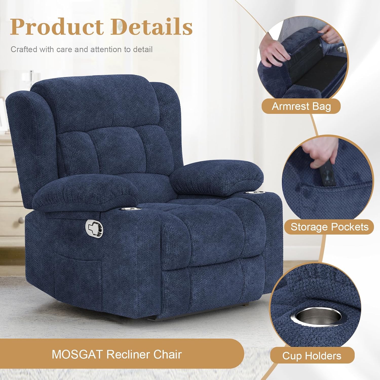 FURNIMAT Recliner Chair, Oversized Manual Reclining Chair for Adults, Single Reclining Sofa with Cup Holder & Pocket, Lounge Recliner for Living Room Home Theater Seating RV Chairs