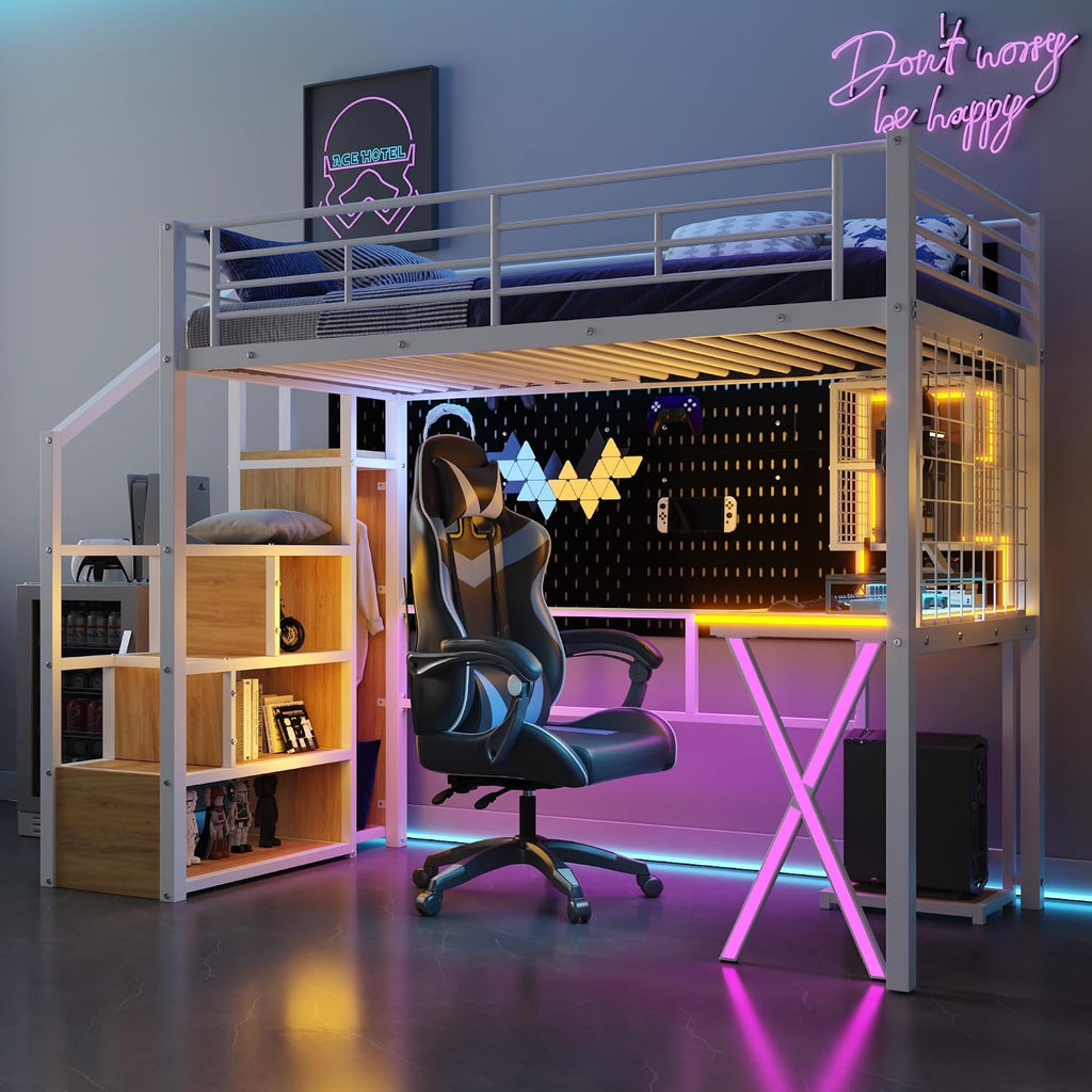 Metal Twin Size Loft Bed with Desk and Stairs,Heavy Duty Loft Bed Frame with Wardrobe and LED Lights,Loft Bed Twin Size with Storage Shelves for Kids,Teens,Adults,Space Saving,White