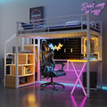 Metal Twin Size Loft Bed with Desk and Stairs,Heavy Duty Loft Bed Frame with Wardrobe and LED Lights,Loft Bed Twin Size with Storage Shelves for Kids,Teens,Adults,Space Saving,White