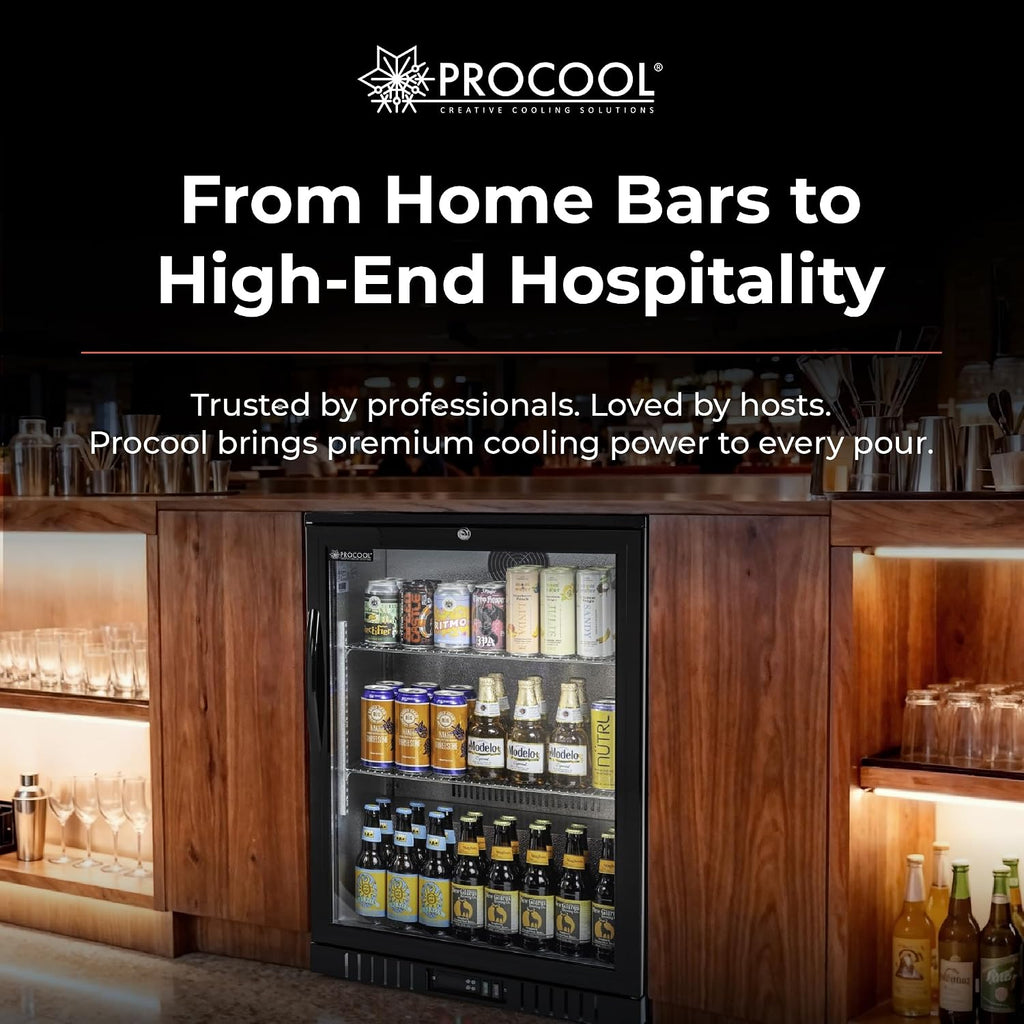 Procool 1-Door Counter Height Beverage Refrigerator - 24' Wide Energy Efficient Black Bar Fridge With Glass Door & LED Lighting - Commercial Back Bar Cooler
