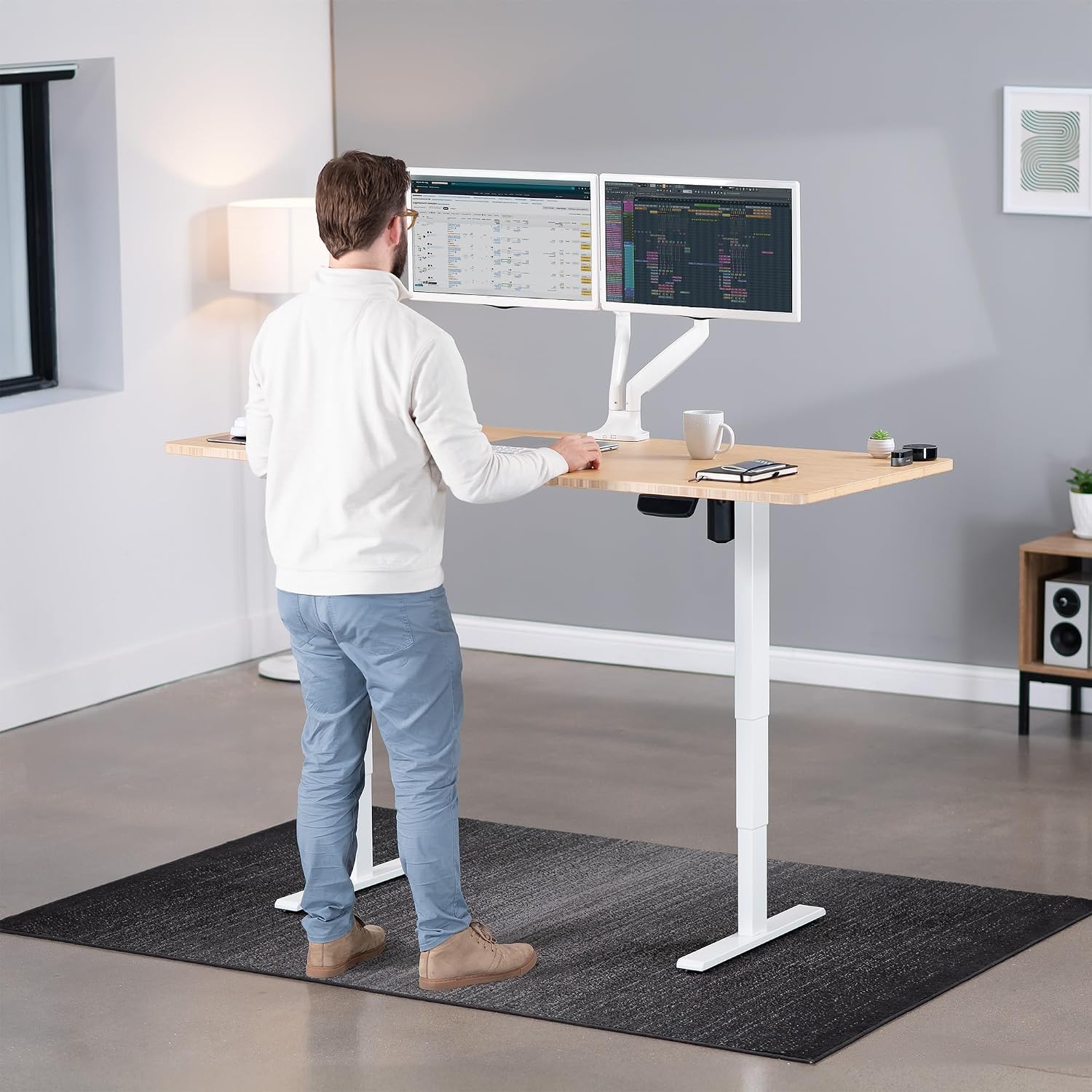 VIVO Electric 71 x 30 in Real Bamboo Standing Desk, Touch Screen Adjustment, 176 lb Frame Support, 2E Series, White Frame, DESK-KIT-2EW71O