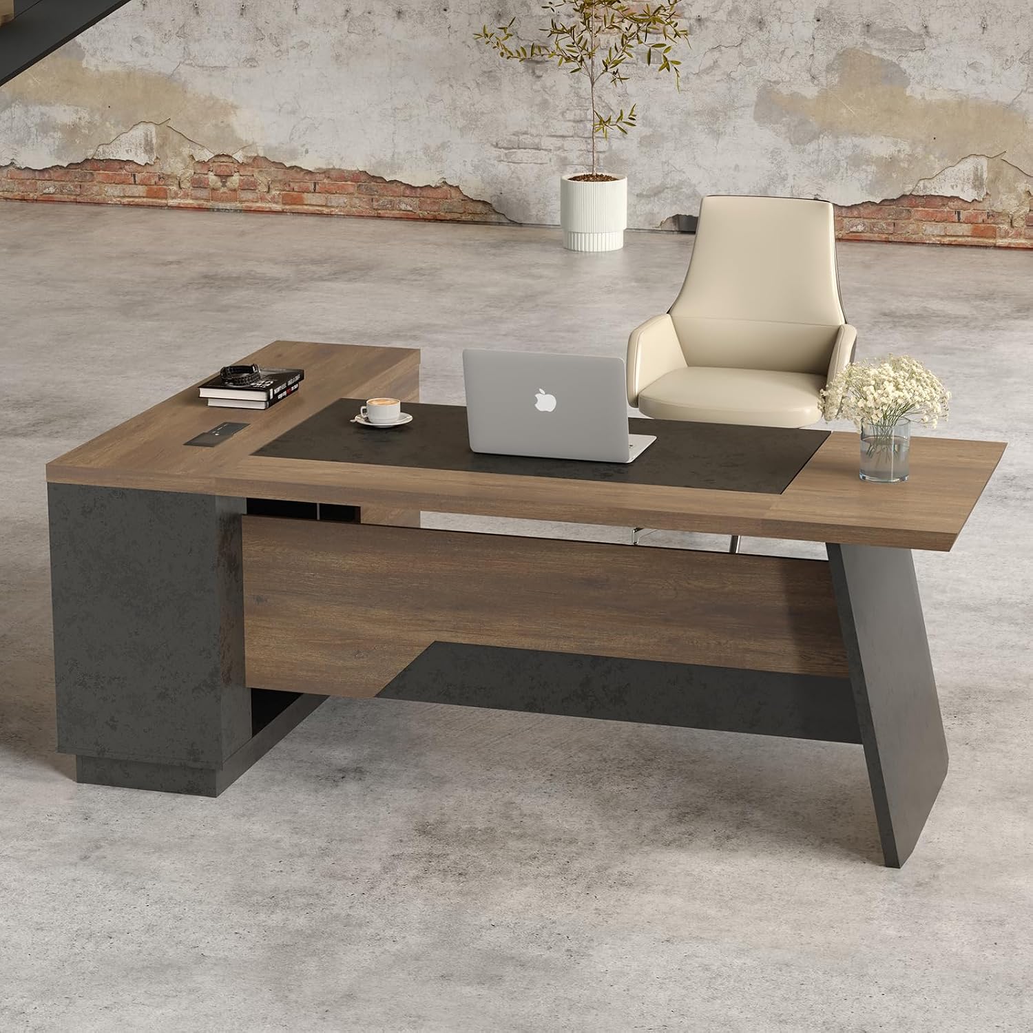 L Shape Executive Desk, Large Office Desk with Drawers & Shelves, 78.74 Inches Industrial Wooden Desk with Storage, Modern Computer Desk for Home Office, Black and Brown, Left Side