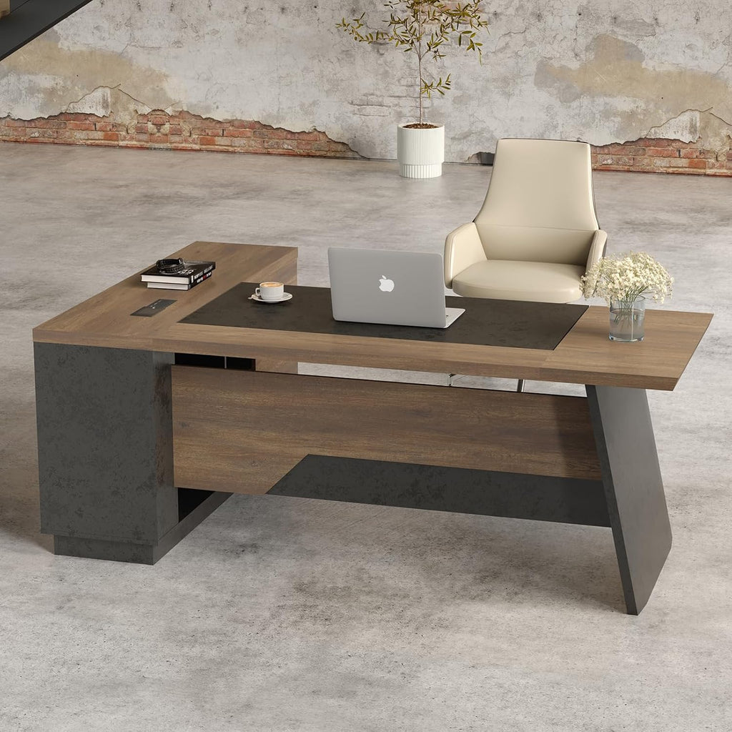 L Shape Executive Desk, Large Office Desk with Drawers & Shelves, 78.74 Inches Industrial Wooden Desk with Storage, Modern Computer Desk for Home Office, Black and Brown, Right Side