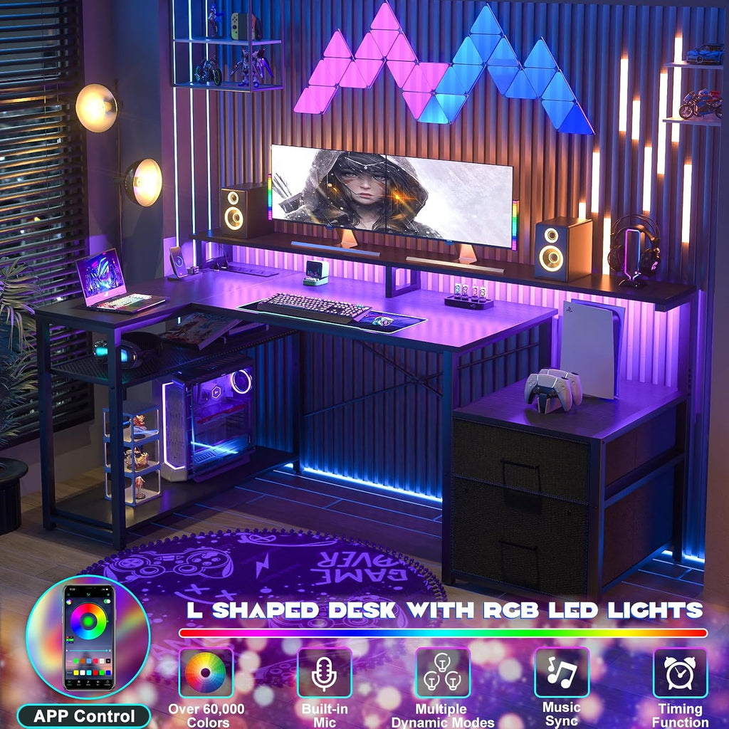 Aheaplus L Shaped Desk with File Drawer, Reversible L Shaped Computer Desk Gaming Desk with Power Outlet & LED Strip, Home Office Desk with Monitor Shelf, Corner Desk with Storage Shelves, Black