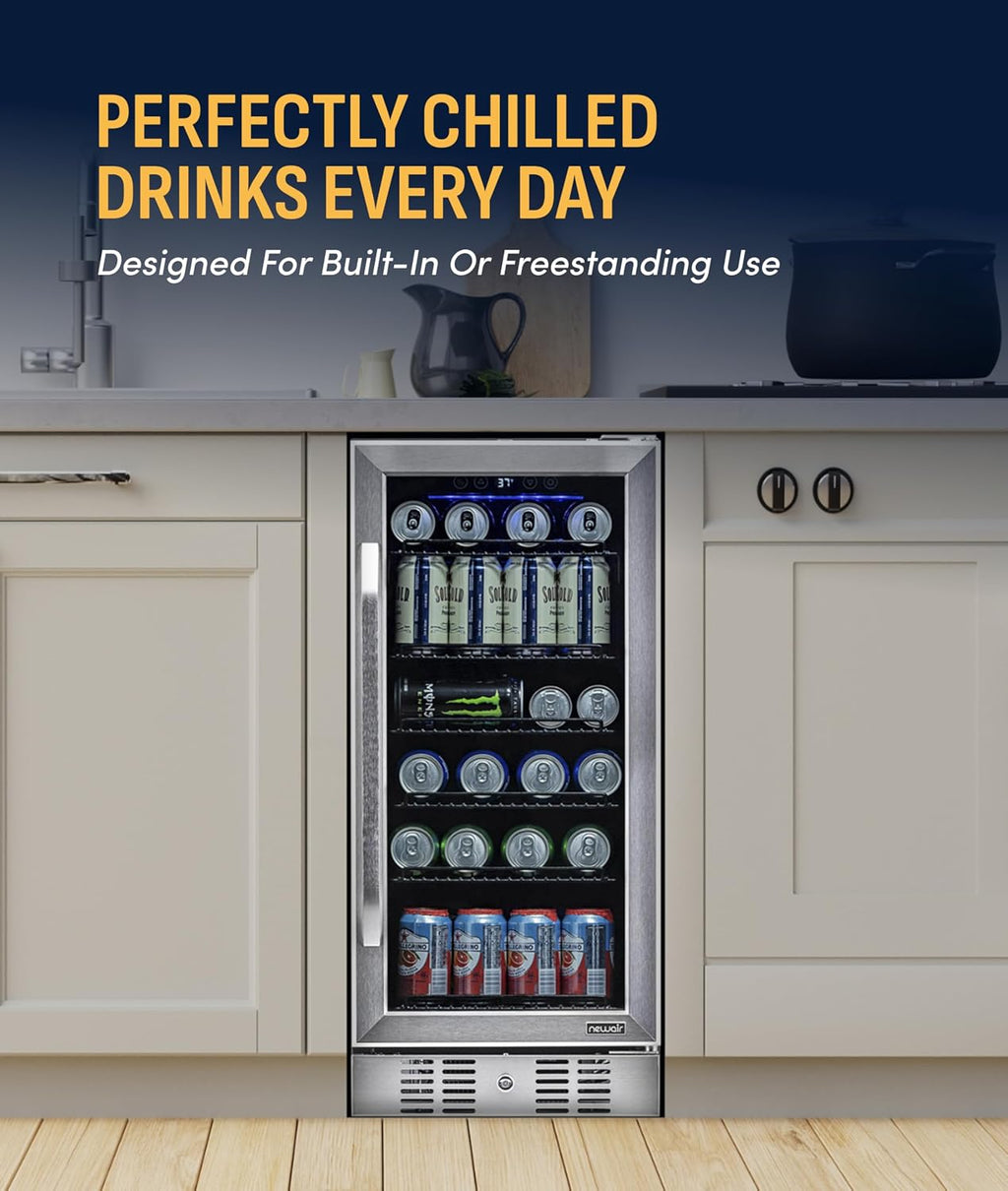 NewAir 96 Can Built-In Beverage Refrigerator | 15' Small Mini Fridge for Bedroom, Home Bar or Office | Quiet Cooling & Precise Temperature Control | Stainless Steel