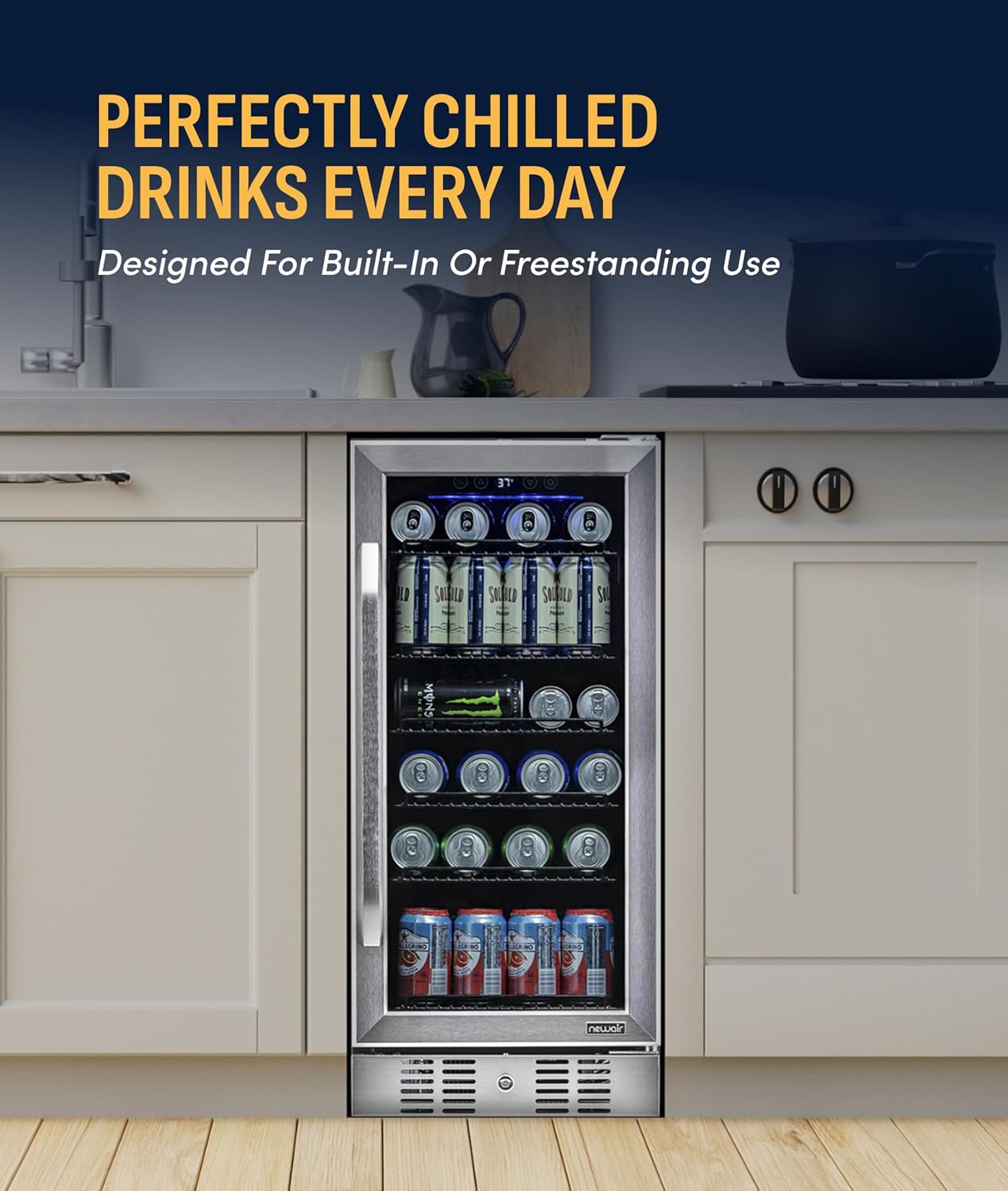NewAir 96 Can Built-In Beverage Refrigerator | 15' Small Mini Fridge for Bedroom, Home Bar or Office | Quiet Cooling & Precise Temperature Control | Stainless Steel