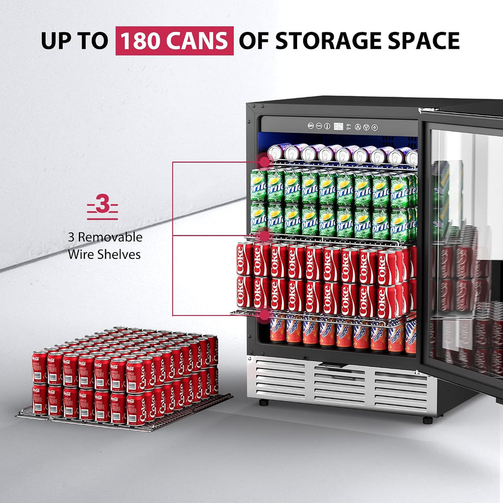 Icyglee 24 Inch Beverage Refrigerator, Beverage Cooler 180 Can Built-in Design, Under Counter Beer Fridge with Glass Door for Soda, Wine, Water - For Kitchen, Office or Bar