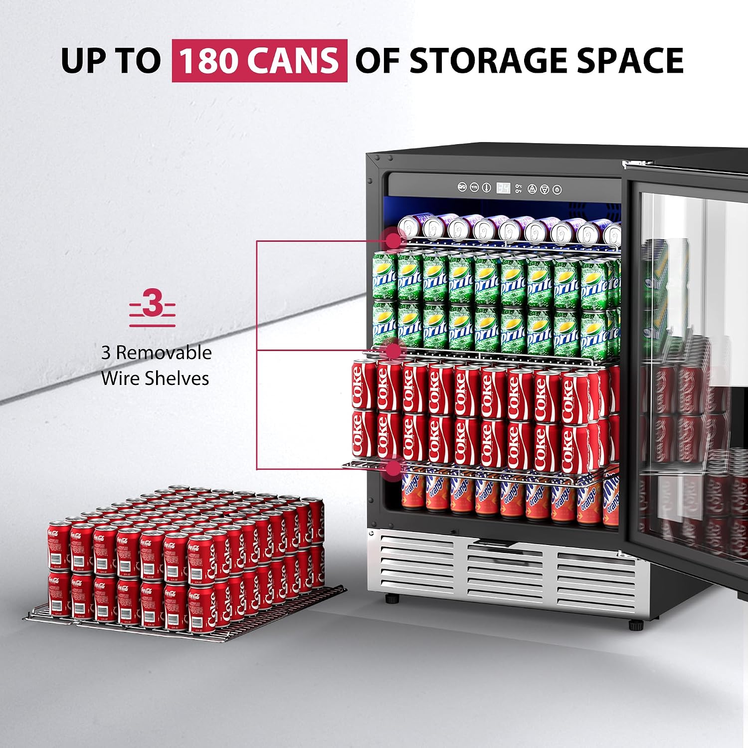 Icyglee 24 Inch Beverage Refrigerator, Beverage Cooler 180 Can Built-in Design, Under Counter Beer Fridge with Glass Door for Soda, Wine, Water - For Kitchen, Office or Bar