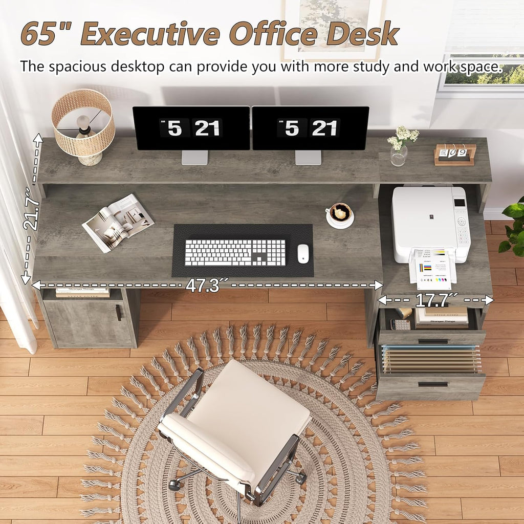YOMILUVE Executive Computer Desk with 3 Drawers & Storage Shelves, 65 Inch Home Office Desk with File Drawer & Cabinet, Writing Study Desks with Monitor Stand & Printer Shelf, Executive Desk, Grey