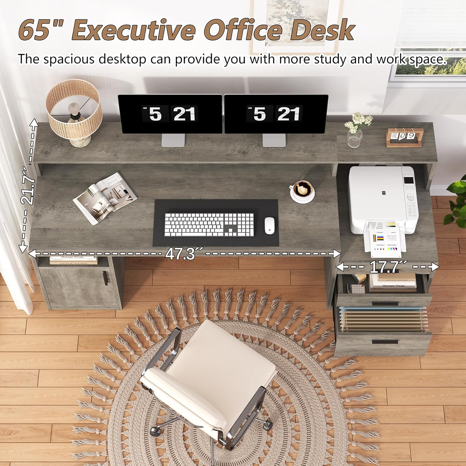 YOMILUVE Executive Computer Desk with 3 Drawers & Storage Shelves, 65 Inch Home Office Desk with File Drawer & Cabinet, Writing Study Desks with Monitor Stand & Printer Shelf, Executive Desk, Grey