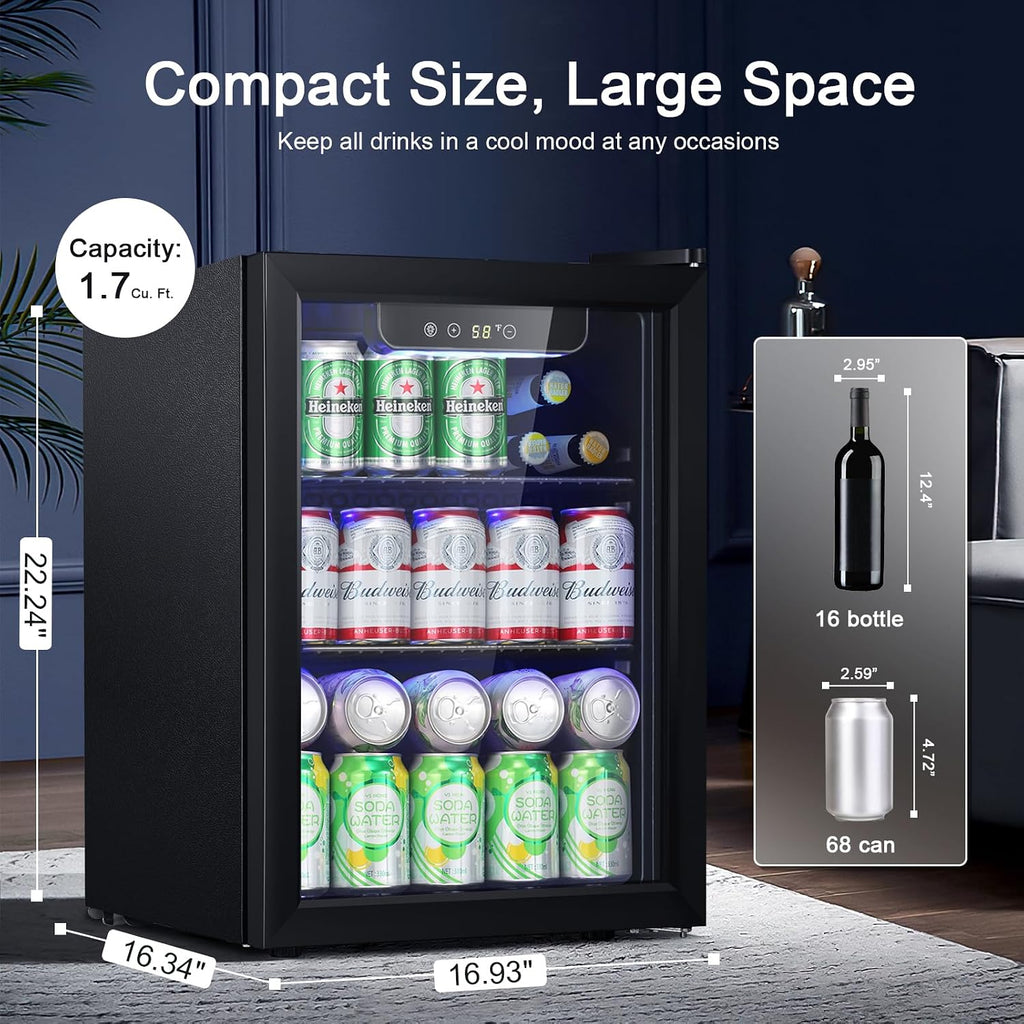 Antarctic Star 1.7 cu.ft.Beverage Refrigerator Small Mini Fridge 68 Can,with Glass Door Freestanding Small Fridge with Electronic Temperature Control for Home Bar,black