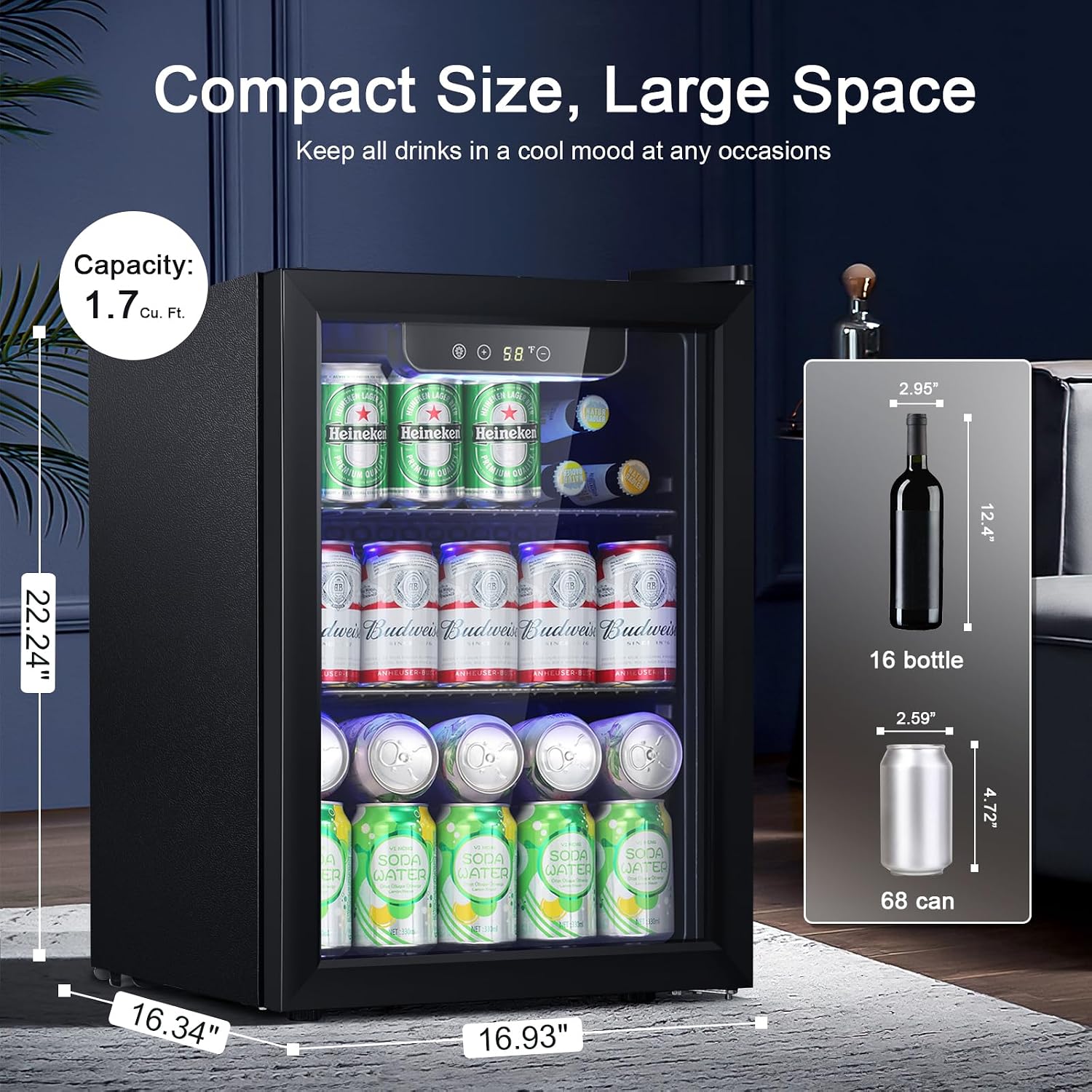 Antarctic Star 1.7 cu.ft.Beverage Refrigerator Small Mini Fridge 68 Can,with Glass Door Freestanding Small Fridge with Electronic Temperature Control for Home Bar,black