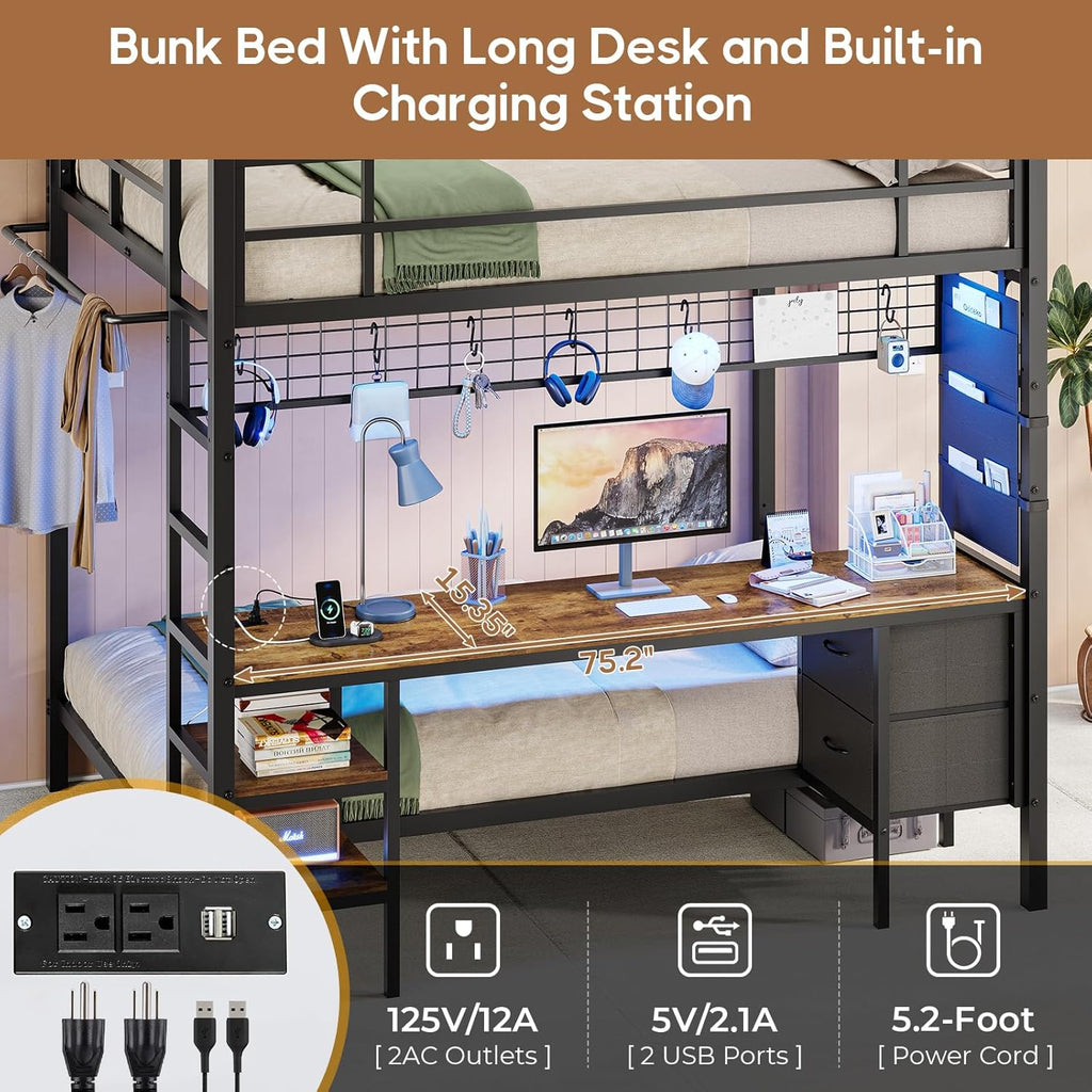 DICTAC Full Over Twin Bunk Bed with Desk and Charging Station Metal Full Over Twin Size Bunk Bed with Led Lights,Storage Shelves and Drawers,Bunk Beds for Teen/Adult with Safety Guard & Stairs,Black