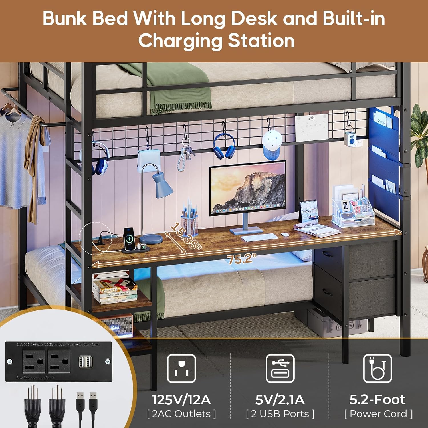 DICTAC Full Over Twin Bunk Bed with Desk and Charging Station Metal Full Over Twin Size Bunk Bed with Led Lights,Storage Shelves and Drawers,Bunk Beds for Teen/Adult with Safety Guard & Stairs,Black