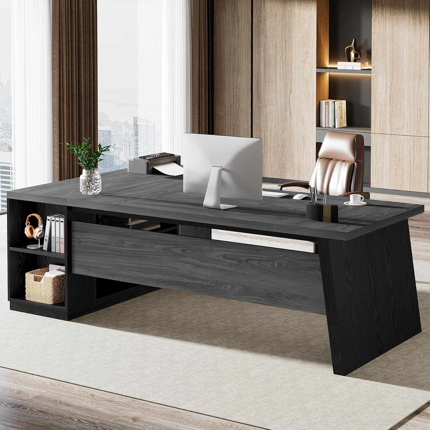Tribesigns 78' L Shaped Desk with Drawers, Lage Office Desk with Storage Shelves, Modern Corner Computer Desk for Home Office (Gray and Black)