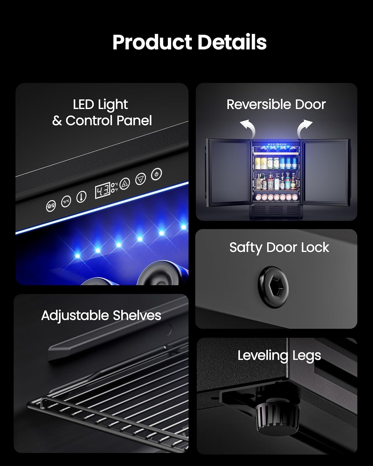 24 In Beverage Refrigerator, 112 Cans & 8 Bottles Wine Fridge with Double-Layer Glass Door, Built-In or Freestanding Wine and Beverage Refrigerator, Under Counter Fridge for Home/Bar/Cafe