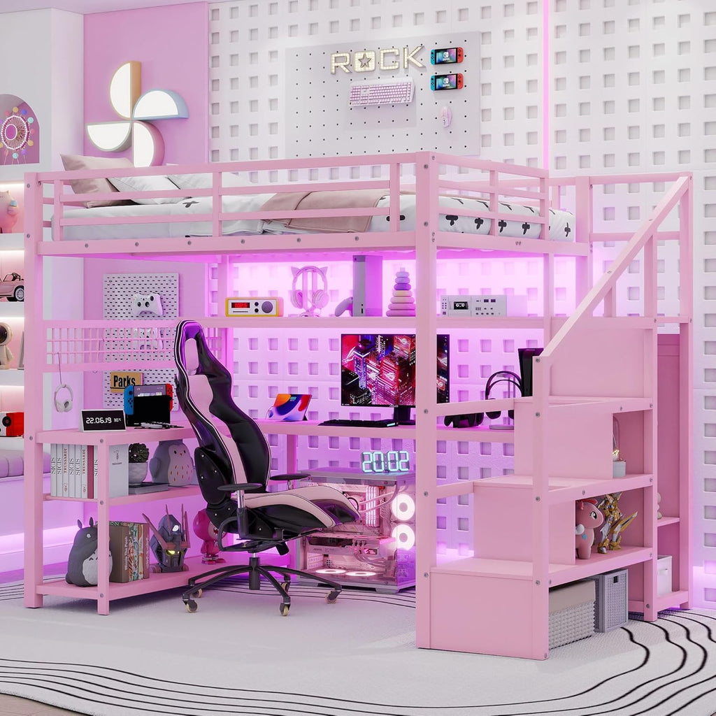 Full size Loft Bed with LED Light and Stairs, Metal Loft Bed Frame with Desk, Storage Drawers & Shelves, Hanging Rod, Gaming Lofts Beds with Charging Station for Adults Teens Kids Gamer, Pink