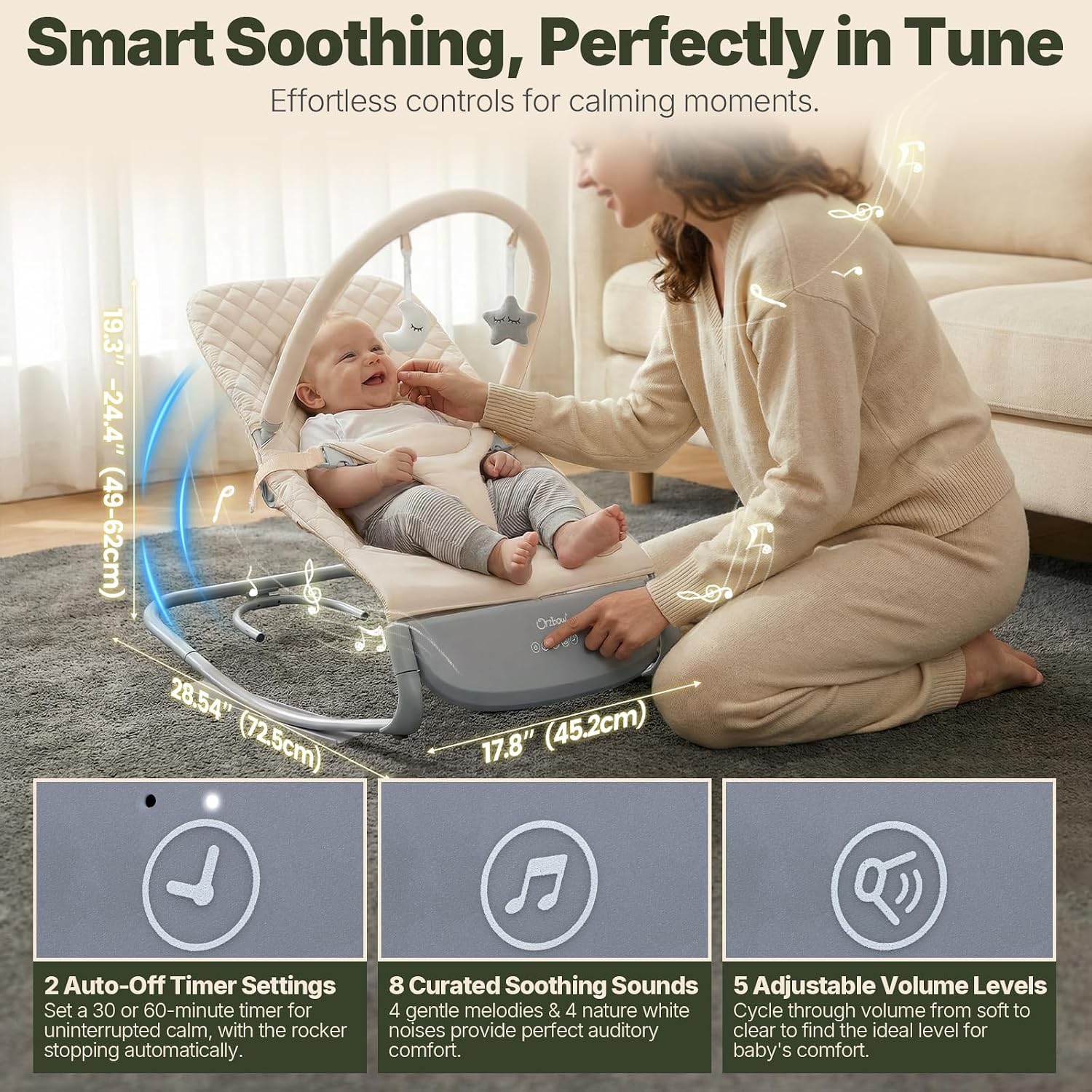Orzbow Electric Baby Bouncer & Rocker with Innovative Auto Rocking Motion, Adaptable 3-Speed, Smart Tap Sensing, Soothing Sounds, and 3 Recline Positions, 2-in-1 Automatic Baby Rocker Chair, Beige