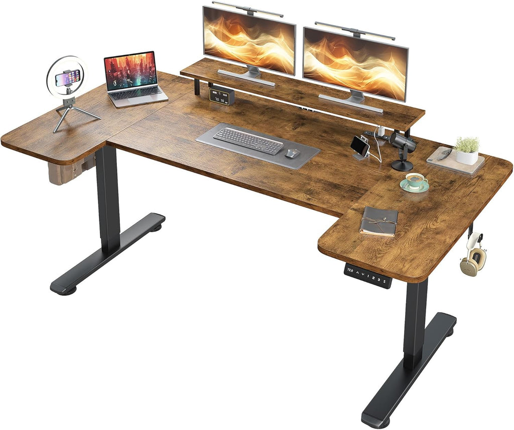 EnHomee 71 x 36 Inch U Shaped Electric Standing Desk, Height Adjustable Desk with Power Outlet, 3 Memory Height Preset, Monitor Shelf for Home Office Work Study Gaming, Brown