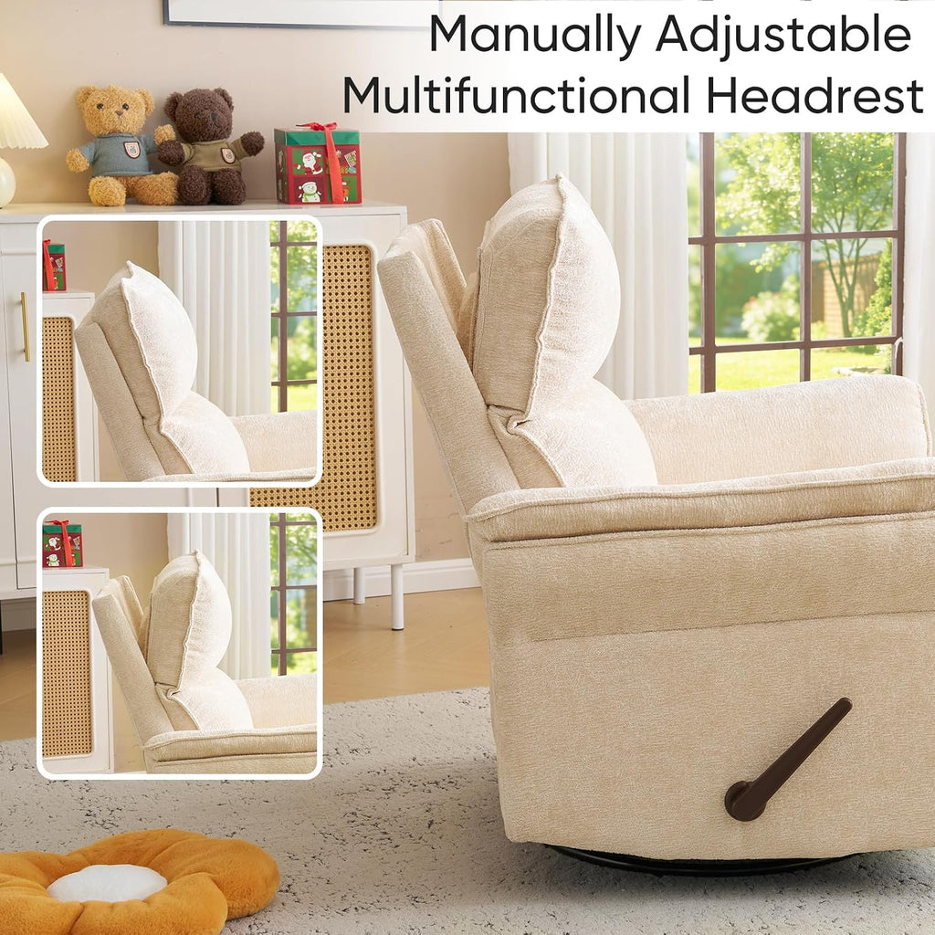 Rocking Chair Nursery with Adjustable Headrest,Manual Swivel Rocker Recliner Nursery Chair with Overstuffed Armrest,Glider Rocker Recliner for Living Room & Bedroom,Beige