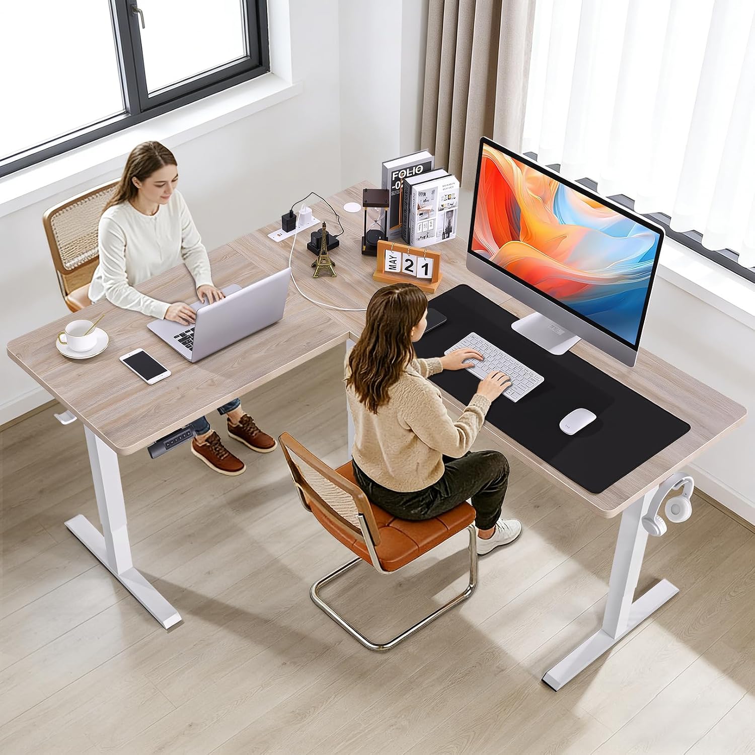 63' L Shaped Standing Desk with Charging Station,Supports Left and Right Swapping,Electric Height Adjustable Corner Stand Up Desk.Free Hook, Lockable Wheels,Mouse Pad,Oak
